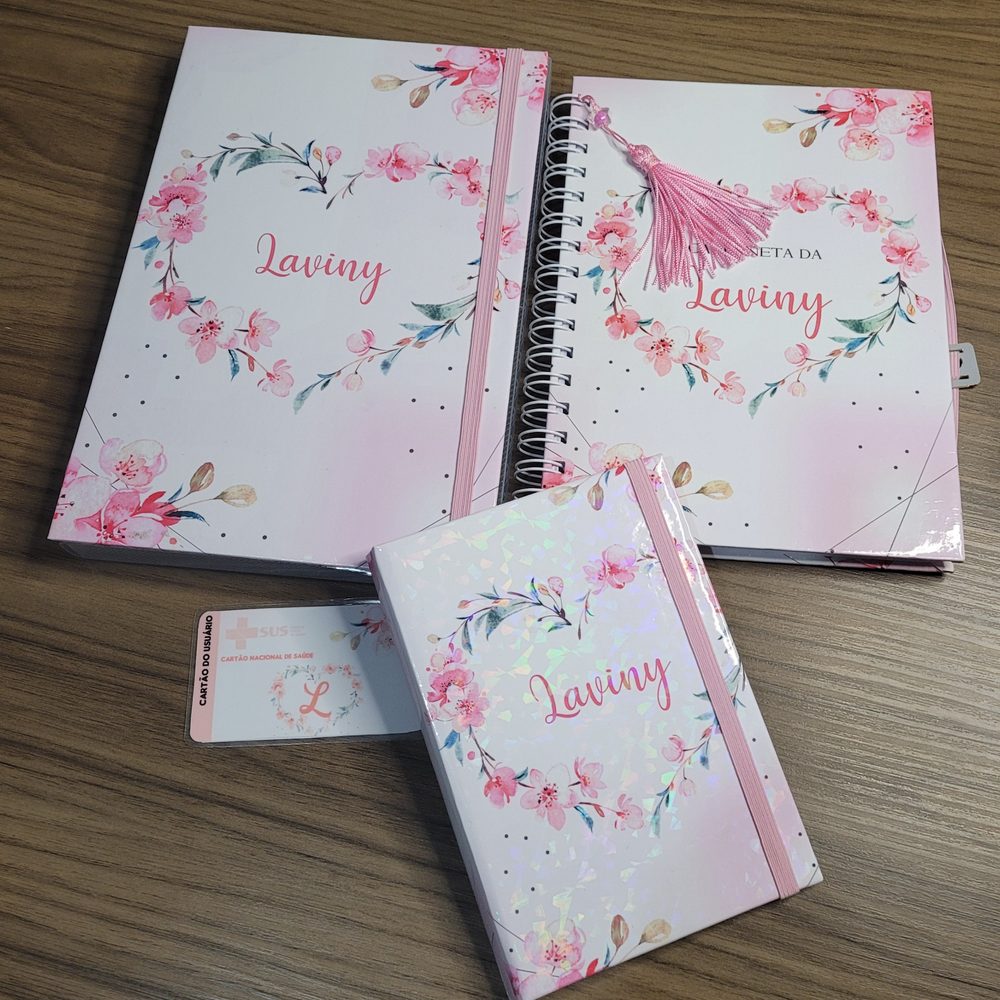 Kit personalizado floral rosa: caderneta de vacinas, pasta, porta documentos e cartão SUS